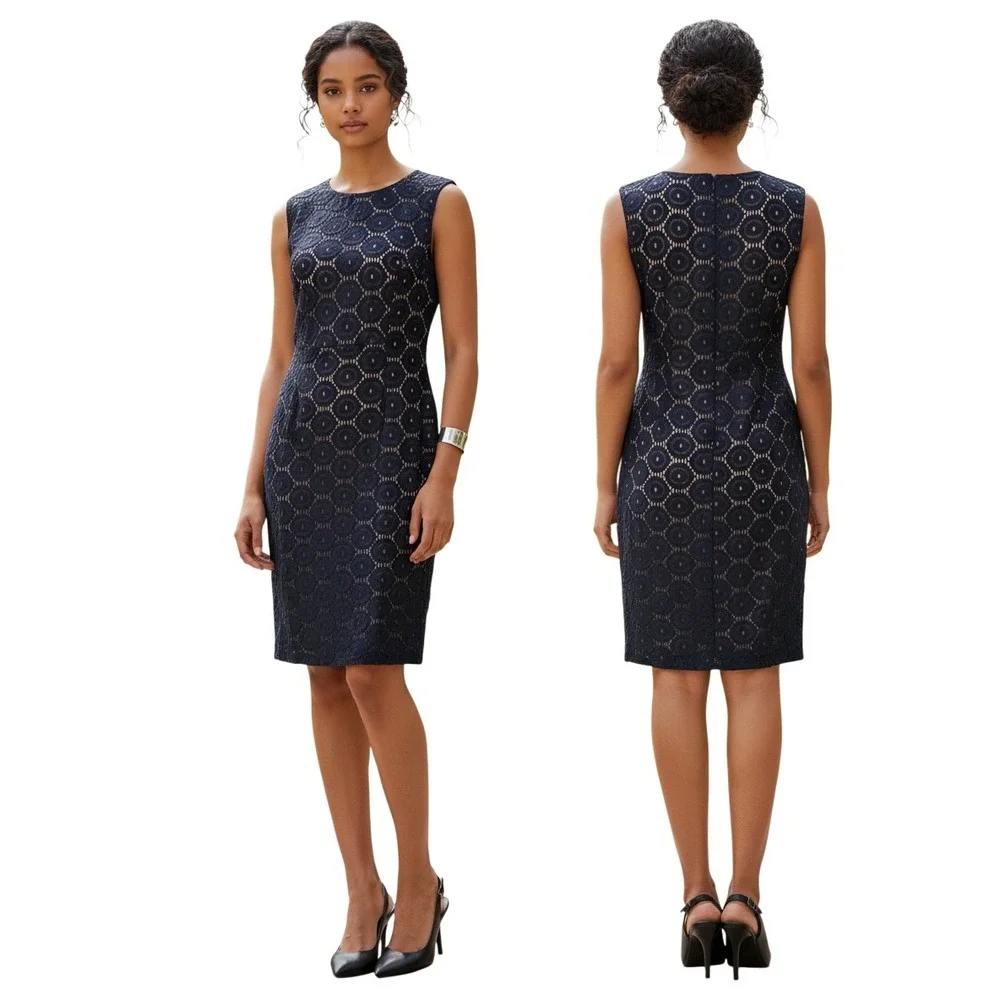 Jessica Howard Black Geometric Lined Lace Sheath Dress SZ 8. LBD. Wedding Guest.
